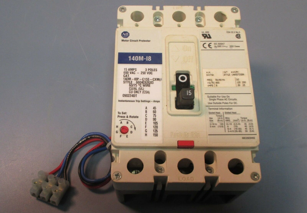 Allen Bradley 140M-I8P-C15S-CXM(A) Circuit Protector Breaker w/ Aux Switch Used
