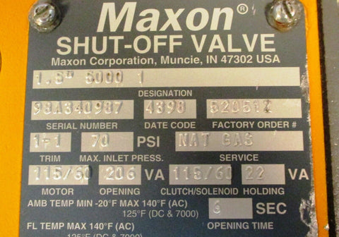 Maxon 1.5" 5000 1 Shut Off Valve Natural Gas 70 PSI, 115 Volt Trim 1-1, 6 Sec