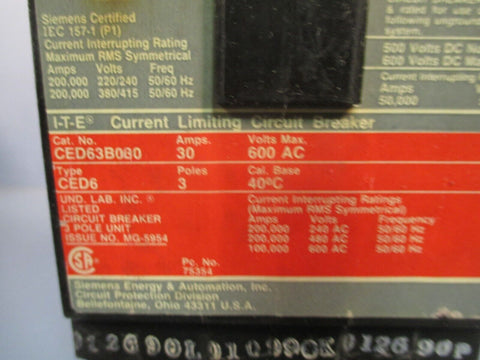 SIEMENS CURRENT LIMITING CIRCUIT BREAKER 30AMP 600V 3POLE CED63B030