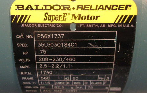 Baldor Reliance P56X1737 35L503Q184G1 3/4 HP Motor 208-230/460 V 3 Ph, 56C Frame