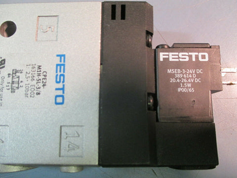 FESTO COMPACT SOLENOID VALVE CPE24-M1H-5L-3/8 w/MSEB-3-24V DC 163166 E002