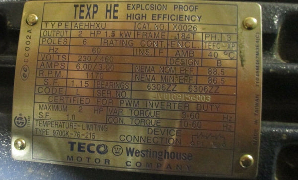 TECO Westinghouse TEXP HE AEHHXU X0026, 2 HP, 184T Frame, 1170 RPM Mot ...