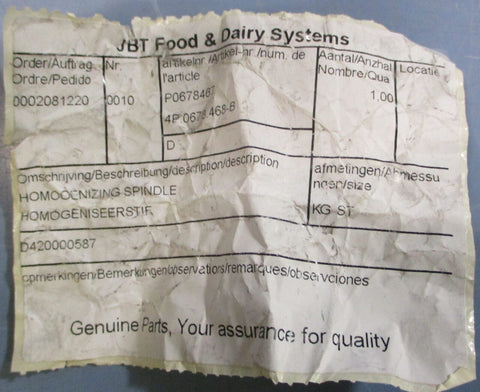 JBT Food & Dairy Systems P0678093-XMS010 Homogenizing Spindle 4P.0678.468-B