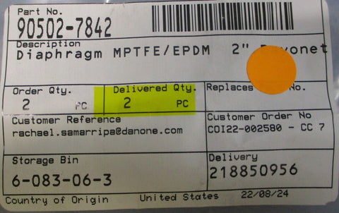 Tetra Pak 90502-7842 Diaphragm MPTFE/EPDM 2" Bayonet Valve 175-0050 1KS-20