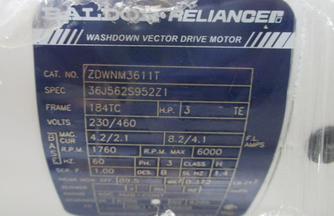 Baldor 3 HP Wash Down WashdownVector Motor ZDWNM3611T, 3 Ph, 1760 Rpm, 184TC New
